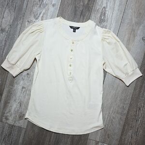 Lauren Ralph Lauren | Green Label Stretch Cotton Puff-Sleeve Henley Blouse Top L